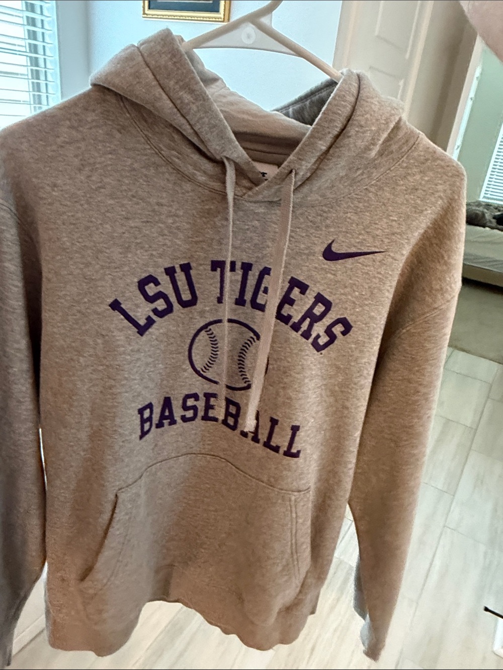 Nike Heather Gray Hoodie with Purple LSU Tigers Baseball Print
